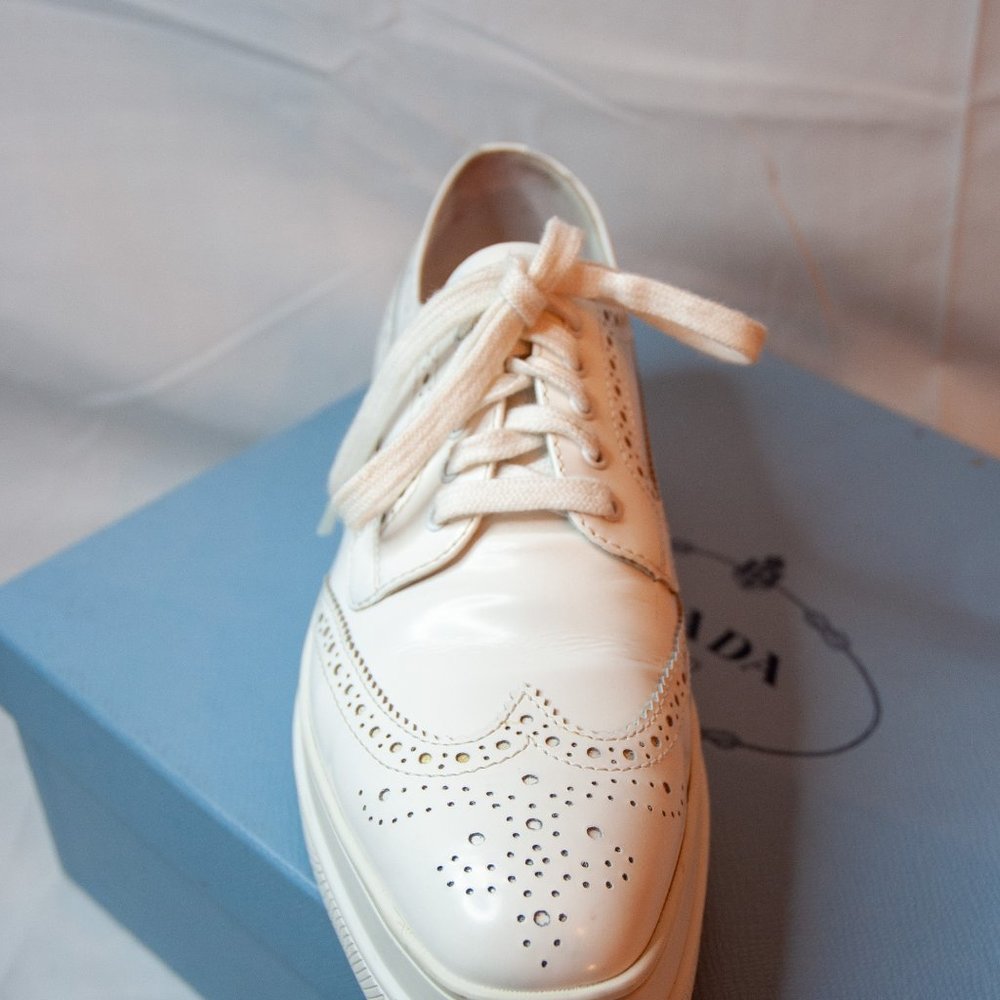 Prada White Leather Wingtip Oxfords - Picture 6 of 13